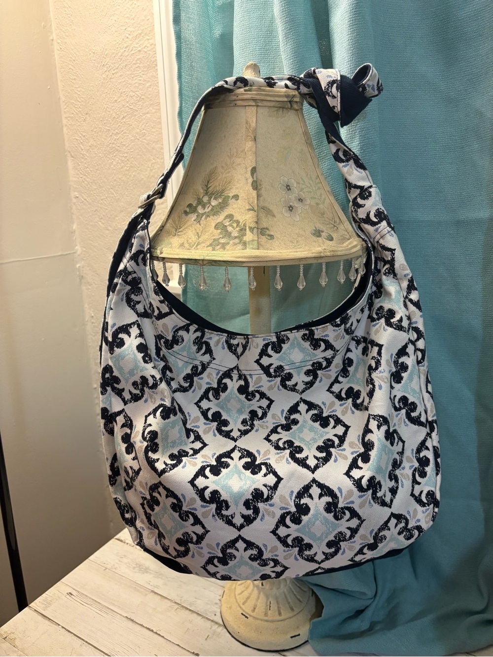 Black & White Patterned Shoulder Bag with Light Blue Accents thirty one